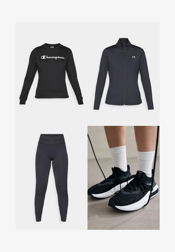 Sort atletisk jakke lavet af glat, strækbart stof med høj krave og fuld lynlås, der har et lille hvidt logo på den øverste venstre side.; Sort sweatshirt lavet af bomuld med rund hals. Har et hvidt "Champion" logo over brystet og ribbede manchetter.; Sorte tights med en høj elastisk talje, der har teksten "UNDER ARMOUR". Glat tekstur med subtile mønsterindslag langs benene.; Sorte sportssko med tekstureret stof, hvid sål og sorte snørebånd. Båret med hvide ribbede sokker, stående på en lys overflade.