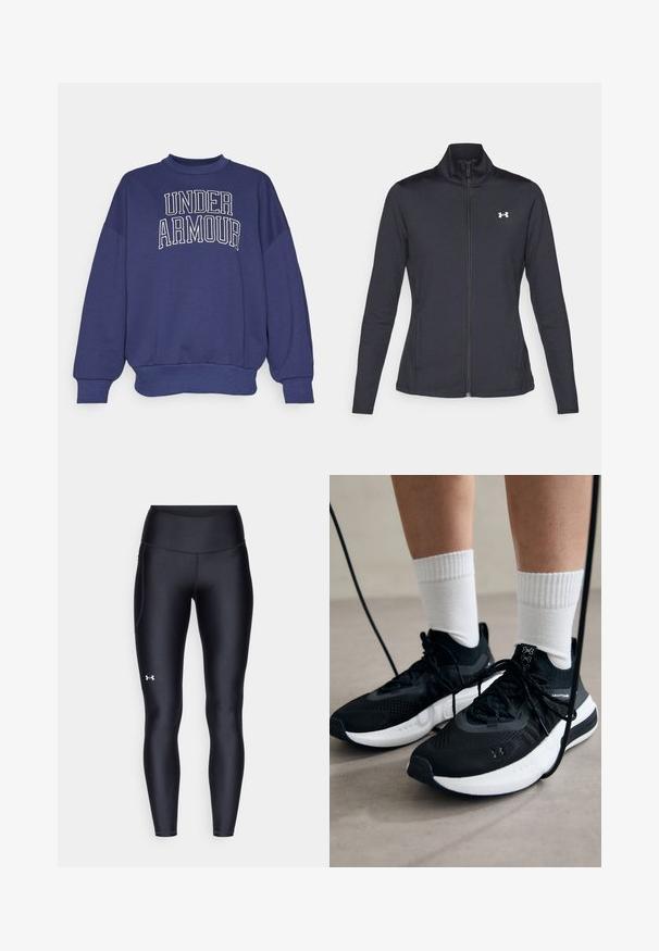 Giacca sportiva nera realizzata in tessuto morbido ed elasticizzato, con colletto alto e zip completa, caratterizzata da un piccolo logo bianco sul lato sinistro superiore.; Felpa blu navy con scollatura rotonda, spalle cadenti, polsini a coste e una grafica frontale con la scritta "UNDER ARMOUR" in lettere bianche.; Leggings neri realizzati in materiale morbido e stretch con vita alta. Presentano un logo bianco sulla coscia sinistra e un design aderente.; Scarpe sportive nere con tessuto testurizzato, suola bianca e lacci neri. Indossate con calzini bianchi a costine, in piedi su una superficie chiara.