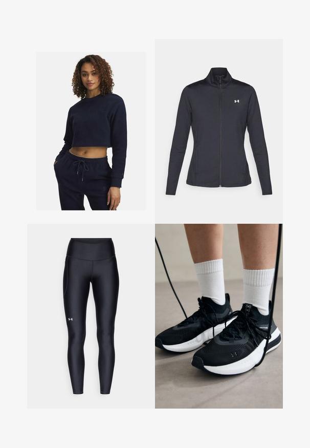 Juodas sportinis švarkas, pagamintas iš lygios, elastingos medžiagos, su aukštu apykakle ir pilnu užtrauktuku, su maža balta logo kairiajame viršutiniame kampe.; Tamsiai mėlynas prisiūtas džemperis iš švelnios medžiagos, su ilgomis rankovėmis, apvalia iškirpte ir subtiliu siuvinėjimu. Suderintas su atitinkančiomis kelnėmis.; Juodos leggingai, pagaminti iš lygaus, elastingo audinio su aukštu juosmeniu. Kairiajame šlaunyje yra baltas logotipas ir tvirta konstrukcija.; Juodi sportiniai batai su tekstūruotu audiniu, balta padu ir juodais raiščiais. Dėvimi su baltais raištiniais kojiniais, stovint lengvame paviršiuje.