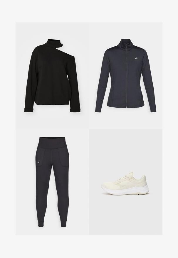 Casaco atlético preto feito de um tecido liso e elástico, com gola alta e zíper completo, apresentando um pequeno logótipo branco no canto superior esquerdo.; Champion EMOTIONAL DANCE HIGH NECK OPEN SHOULDER - Camisola - schwarz; Leggings atléticos pretos, feitos de material elástico, com uma cintura alta, bolsos laterais e punhos ajustados no tornozelo.; Sapatos atléticos de cor clara, feitos de malha e materiais sintéticos, com um cabedal texturizado, sola acolchoada e uma marcação discreta.