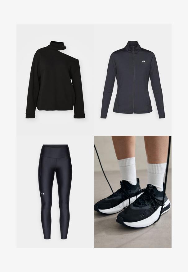 Črna atletska jakna iz gladkega, raztegljivega blaga z visokim ovratnikom in polnim zadrgo, ki ima majhen bel logotip na zgornji levi strani.; Champion EMOTIONAL DANCE HIGH NECK OPEN SHOULDER - Športni pulover - schwarz; Črne pajkice iz gladkega, elastičnega materiala z visokim pasom. Imajo bel logotip na levem stegnu in oprijet kroj.; Črne športne čevlje z strukturirano tkanino, belo podplatom in črnimi vezalkami. Nosi se z belimi rebrastimi nogavicami, stoje na svetli površini.