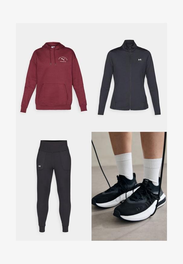 Chaqueta deportiva negra hecha de una tela suave y elástica, con cuello alto y cremallera completa, que presenta un pequeño logo blanco en la parte superior izquierda.; Sudadera color burdeos hecha de una mezcla de algodón, con bolsillo canguro, capucha con cordón y logo bordado en el pecho. Textura suave.; Leggings deportivos negros hechos de material elástico, con una cintura alta, bolsillos laterales y puños ajustados en el tobillo.; Zapatillas deportivas negras con tela texturizada, suela blanca y cordones negros. Llevadas con calcetines blancos de canalé, de pie sobre una superficie clara.