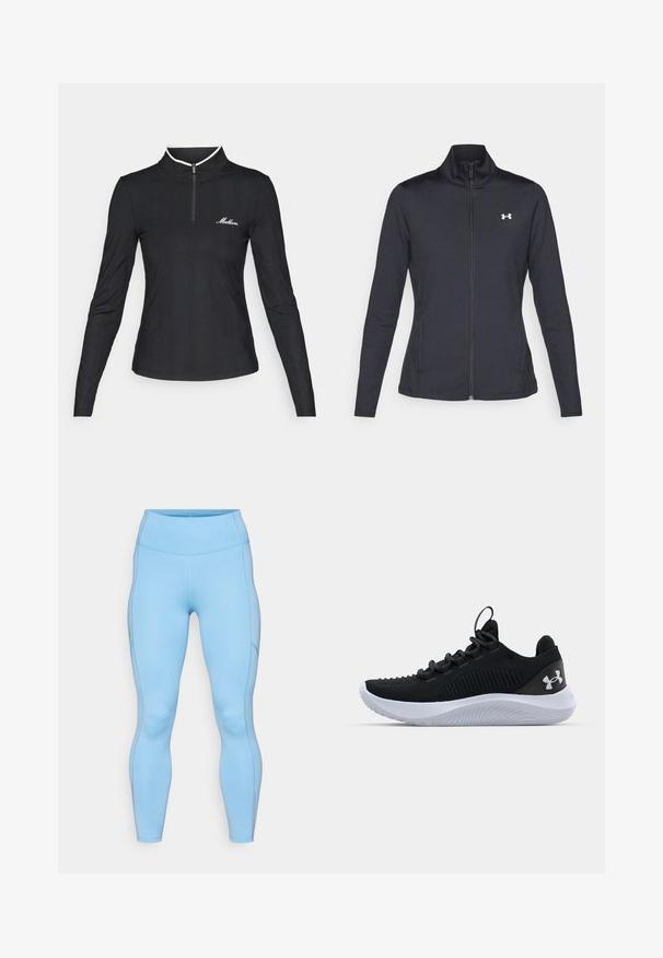 Mustmust mustrits mustritud jahk, valmistatud sujuvast, venivast kangast, kõrge kraega ja täispika tõmbluku ning väikese valge logoga vasakul üleval poole.; Mustkunst mustaga pika varrukaga tõmblukkidega pluus, millel on ribakujuline tekstuur, kontrastse valge krae ja väike logo rinnal. Õhuke disain.; Heledad sinised leggingid, mis on valmistatud venivast kangast. Omavad kõrget vööd, siledat tekstuuri ja kaarjad õmblused piki jalgu.; Mustad mustren pruunid sportlikud kingad, millel on hingav võrgust pealis, tekstuuriga detailid ja valgest kummist talla. Omavad lapikuid paelu ja kandmismehhanismi.