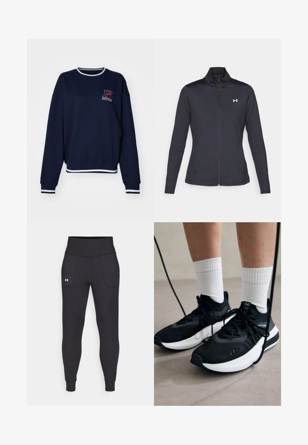 Čierna športová bunda vyrobená z hladkého, elastického materiálu s vysokým golierom a plným zipsom, s malým bielym logom na hornej ľavej strane.; Námořnická modrá mikina vyrobená z měkké tkaniny, s kulatým výstřihem, bílým žebrovaným lemem a potištěným logem na hrudi. Dlouhé rukávy.; Čierne športové legíny vyrobené z elastického materiálu, s vysokým pásom, bočnými vreckami a priliehajúcimi manžetami na členkoch.; Čierne športové topánky s textúrovanou tkaninou, bielou podrážkou a čiernymi šnúrkami. Nosené s bielymi rebrovanými ponožkami, postavené na svetlom povrchu.