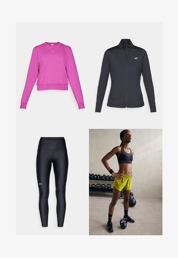 Musta urheilutakki, joka on valmistettu sileästä ja joustavasta kankaasta. Takissa on korkea kaulus ja täysipitkä vetoketju, sekä pieni valkoinen logo vasemmalla ylhäällä.; Vaaleanpunainen lyhyt huppari, jossa pitkät hihat, pyöreä pääntie, tasainen helma ja pieni harmaa logo etupuolella. Pehmeä neulottu kangas.; Mustat legginsit, jotka on valmistettu sileästä ja venyvästä materiaalista, korkealla vyötäröllä. Vasemmassa reidessä on valkoinen logo ja istuva muotoilu.; Musta urheiluliivi, kirkkaat keltaiset shortsit, joissa on joustava vyötärö, mustat urheilu-kengät ja rannetuet, seisomassa kettlebellien vieressä.