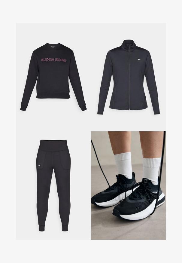 Fekete sportos dzseki sima, rugalmas anyagból, magas gallérral és teljes cipzárral, az elülső bal oldalon egy kis fehér logóval.; Fekete, hosszú ujjú pulóver, kerek nyakkivágással és szűkített derékrésszel. A mellkason rózsaszínű "BJÖRN BORG" felirat található. Puha szövet textúra.; Fekete sportleggings rugalmas anyagból, magas derékfűzéssel, oldalsó zsebekkel és szűkített szárakkal a bokán.; Fekete sportcipők textúrált anyagból, fehér talppal és fekete fűzőkkel. Fehér bordázott zoknikkal viselve, világos felületen állva.