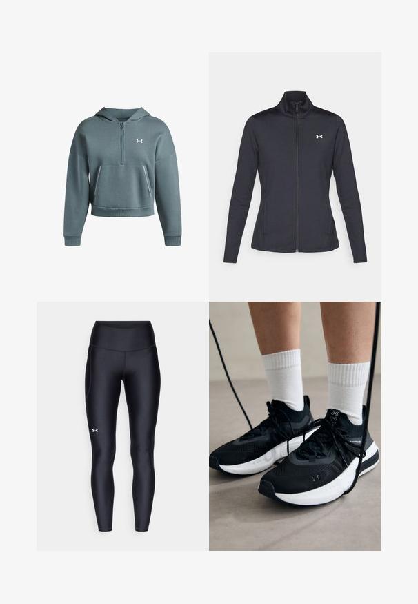 Čierna športová bunda vyrobená z hladkého, elastického materiálu s vysokým golierom a plným zipsom, s malým bielym logom na hornej ľavej strane.; Tehlová, skrátená mikina s dlhými rukávmi, s polovičným zipsom vpredu, predným vreckom a bielym logom na hrudi. Vyrobená z mäkkej, textúrovanej tkaniny.; Čierne legíny vyrobené z hladkého, elastického materiálu s vysokým pásom. Obsahujú biele logo na ľavom stehne a sú strihané na telo.; Čierne športové topánky s textúrovanou tkaninou, bielou podrážkou a čiernymi šnúrkami. Nosené s bielymi rebrovanými ponožkami, postavené na svetlom povrchu.