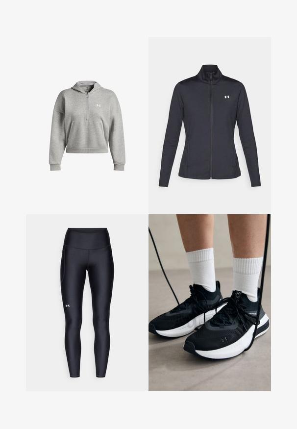 Veste de sport noire en tissu lisse et extensible avec un col montant et une fermeture éclair intégrale, arborant un petit logo blanc sur le côté supérieur gauche.; Sweatshirt à capuche grise coupée en tissu doux. Il dispose d'une fermeture éclair en quart et d'une poche kangourou à l'avant, avec un accent logo blanc.; Leggings noirs en matière lisse et extensible avec une taille haute. Présentent un logo blanc sur la cuisse gauche et un design ajusté.; Chaussures de sport noires en tissu texturé, avec une semelle blanche et des lacets noirs. Portées avec des chaussettes blanches côtelées, debout sur une surface claire.