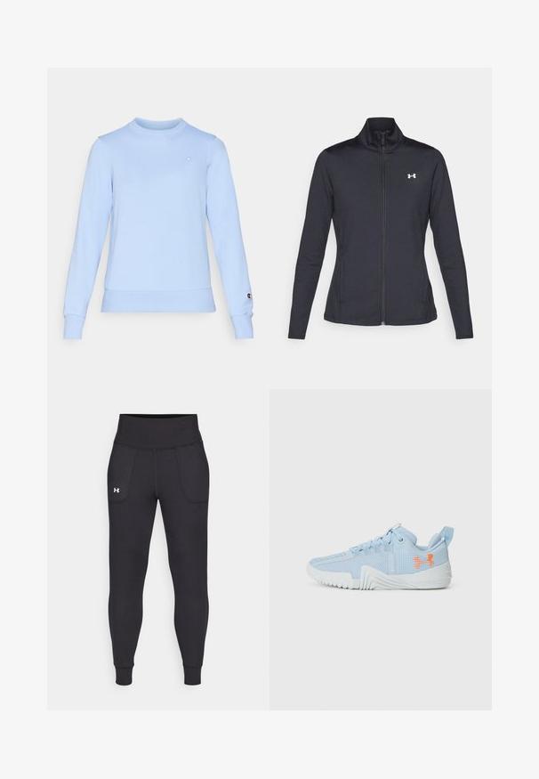 Mustmust mustrits mustritud jahk, valmistatud sujuvast, venivast kangast, kõrge kraega ja täispika tõmbluku ning väikese valge logoga vasakul üleval poole.; Helesin sinine pusakott, mis on valmistatud pehmest kangast, pikkade varrukatega ja ümmarguse kaelusega. Rinnal ja varruka mansetil on väike logo.; Mustad must-harjutuslegid, mis on valmistatud elastse materjali jaoks, kõrge vöökoha, küljetaskute ja tihedalt istuvate pahkluude vahega.; Heled sinine spordijalanõud, mis on valmistatud võrgumaterjalist, millel on tekstuuriga talla, esitades oranži logo ja paeltega disaini.