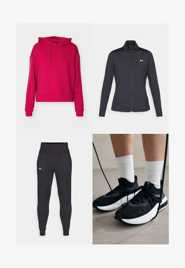 Veste de sport noire en tissu lisse et extensible avec un col montant et une fermeture éclair intégrale, arborant un petit logo blanc sur le côté supérieur gauche.; ONLY Play ONPLOUNGE LIFE HOOD - Sweat à capuche - granita; Leggings de sport noirs en matière extensible, avec une taille haute, des poches latérales et des poignets ajustés au niveau des chevilles.; Chaussures de sport noires en tissu texturé, avec une semelle blanche et des lacets noirs. Portées avec des chaussettes blanches côtelées, debout sur une surface claire.