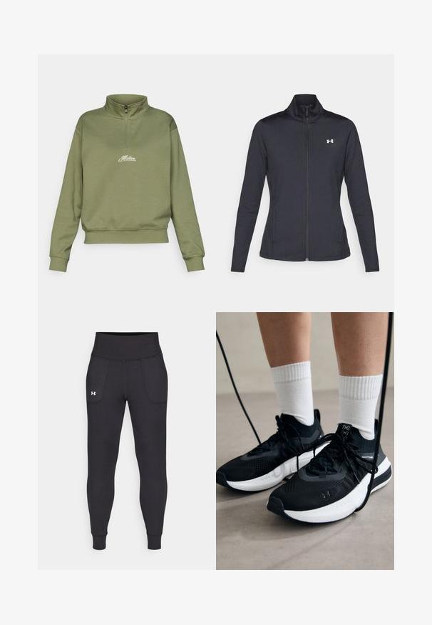 Fekete sportos dzseki sima, rugalmas anyagból, magas gallérral és teljes cipzárral, az elülső bal oldalon egy kis fehér logóval.; Oliva zöld, cipzáros pulóver, állógallérral és bordázott mandzsettával. A mellkasán fehér hímzett logó található. Puha, textúrált anyag.; Fekete sportleggings rugalmas anyagból, magas derékfűzéssel, oldalsó zsebekkel és szűkített szárakkal a bokán.; Fekete sportcipők textúrált anyagból, fehér talppal és fekete fűzőkkel. Fehér bordázott zoknikkal viselve, világos felületen állva.