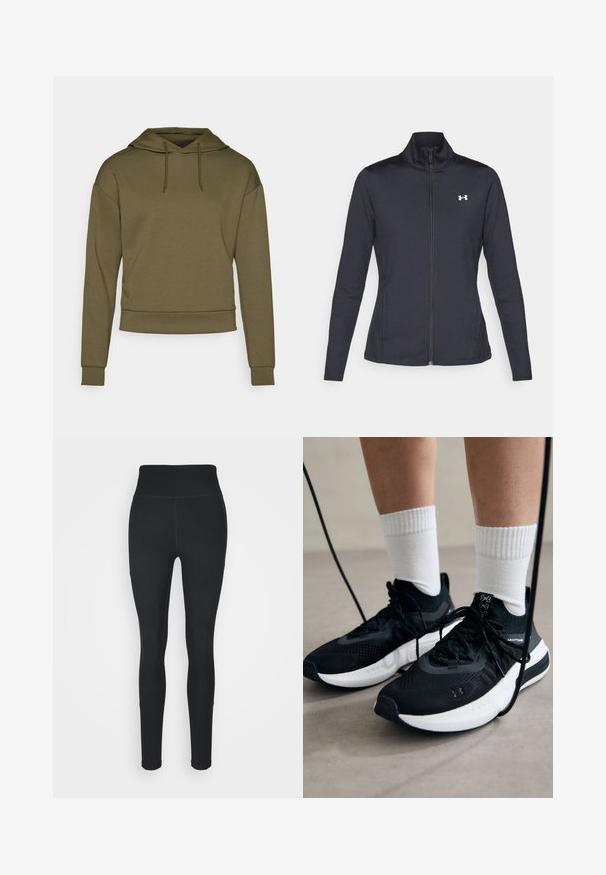 Musta urheilutakki, joka on valmistettu sileästä ja joustavasta kankaasta. Takissa on korkea kaulus ja täysipitkä vetoketju, sekä pieni valkoinen logo vasemmalla ylhäällä.; ONLY Play ONPLOUNGE LIFE HOOD - Huppari - kalamata; Mustat leggingsit, jotka on valmistettu joustavasta kankaasta, sisältäen korkean vyötärön, ribbikuvioidut paneelit sivuilla ja tiukan muotoilun, joka kapenee nilkoissa.; Mustat urheilukengät, joissa on teksturoitua kangasta, valkoiset pohjat ja mustat nauhat. Yhdistetty valkoisten urheilusukkien kanssa, seisten vaalealla pinnalla.