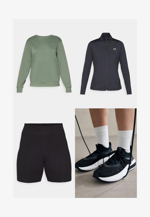 Schwarze Sportjacke aus glattem, dehnbarem Stoff mit hohem Kragen und durchgehendem Reißverschluss, ausgestattet mit einem kleinen weißen Logo auf der oberen linken Seite.; ONLY Play ONPFONT - Sweatshirt - duck green/elm; Schwarze Radshorts mit hoher Taille, aus dehnbarem, weichem Stoff. Verfügt über flache Nähte und eine glatte Textur für hohen Tragekomfort.; Schwarze Sportschuhe aus strukturiertem Stoff, mit weißer Sohle und schwarzen Schnürsenkeln. Tragen mit weißen gerippten Socken, stehen auf einer hellen Fläche.
