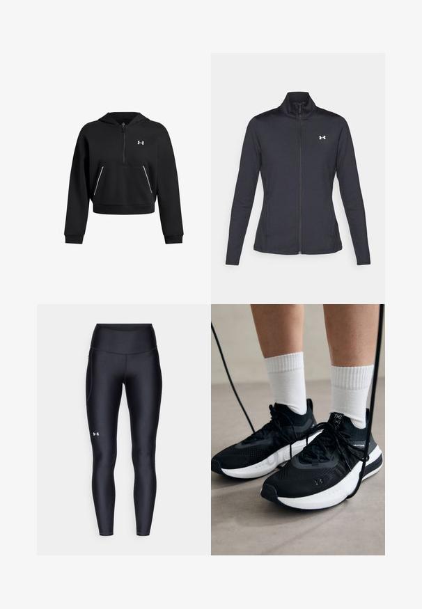 Giacca sportiva nera realizzata in tessuto morbido ed elasticizzato, con colletto alto e zip completa, caratterizzata da un piccolo logo bianco sul lato sinistro superiore.; Felpa nera corta con zip a metà davanti, tasca a marsupio e dettagli bianchi. Realizzata in un morbido tessuto testurizzato; presenta un cappuccio regolabile con cordino.; Leggings neri realizzati in materiale morbido e stretch con vita alta. Presentano un logo bianco sulla coscia sinistra e un design aderente.; Scarpe sportive nere con tessuto testurizzato, suola bianca e lacci neri. Indossate con calzini bianchi a costine, in piedi su una superficie chiara.