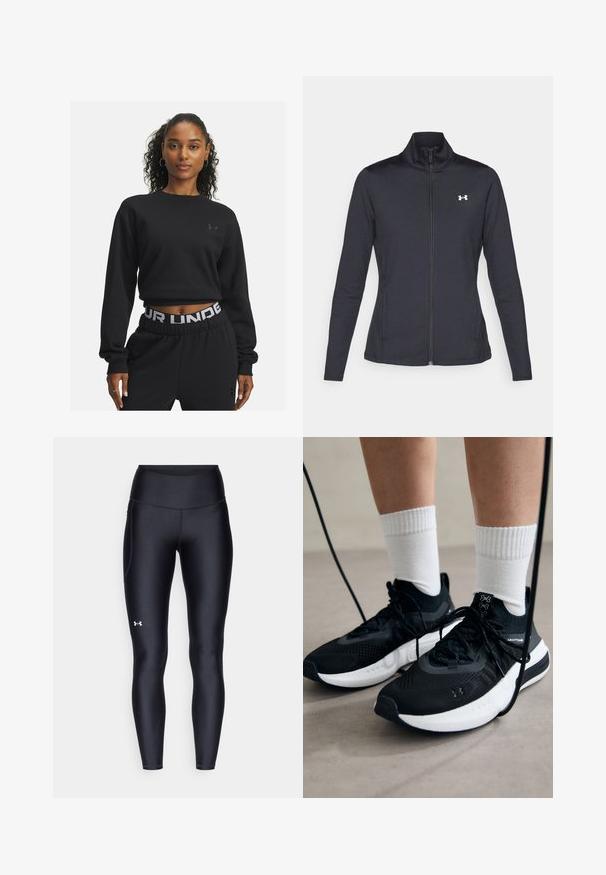 Giacca sportiva nera realizzata in tessuto morbido ed elasticizzato, con colletto alto e zip completa, caratterizzata da un piccolo logo bianco sul lato sinistro superiore.; Felpa nera cropped con maniche lunghe e collo rotondo. Presenta un piccolo logo sul petto e una texture morbida e liscia.; Leggings neri realizzati in materiale morbido e stretch con vita alta. Presentano un logo bianco sulla coscia sinistra e un design aderente.; Scarpe sportive nere con tessuto testurizzato, suola bianca e lacci neri. Indossate con calzini bianchi a costine, in piedi su una superficie chiara.