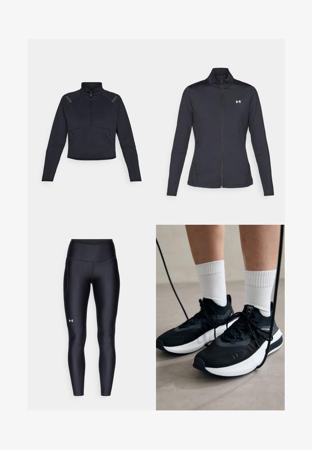 Jachetă sport neagră realizată dintr-un material neted și elastic, cu guler înalt și fermoar complet, având un mic logo alb în colțul din stânga sus.; Pulover sport de culoare bleumarin închis, cu guler înalt, închidere cu fermoar și mâneci lungi. Prezintă accente de panouri contrastante pe umeri și un design scurt.; Colanți negri dintr-un material neted și elastic, cu un brâu înalt. Prezentând un logo alb pe cuartul stâng și un design ajustat.; Căști atletice negre cu țesătură texturată, talpă albă și șireturi negre. Purtați cu șosete albe cu riflaje, stând pe o suprafață deschisă.