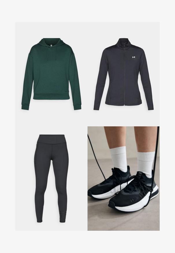 Černá sportovní bunda vyrobená z hladké a elastické textilie, s vysokým límcem a plným zipem, která má malé bílé logo na levé horní části.; Zelená mikina s kapucí vyrobená z měkké látky, s šňůrkami na kapuci, dlouhými rukávy a volným střihem. Hladký materiál s žebrovanými manžetami.; Černé legíny vyrobené z elastického materiálu, s vysokým pasem, elegantním designem a pruhovanými akcenty poblíž kotníků.; Černé sportovní boty s texturovanou tkaninou, bílou podrážkou a černými tkaničkami. Nosené s bílými žebrovanými ponožkami, stojící na světlém povrchu.