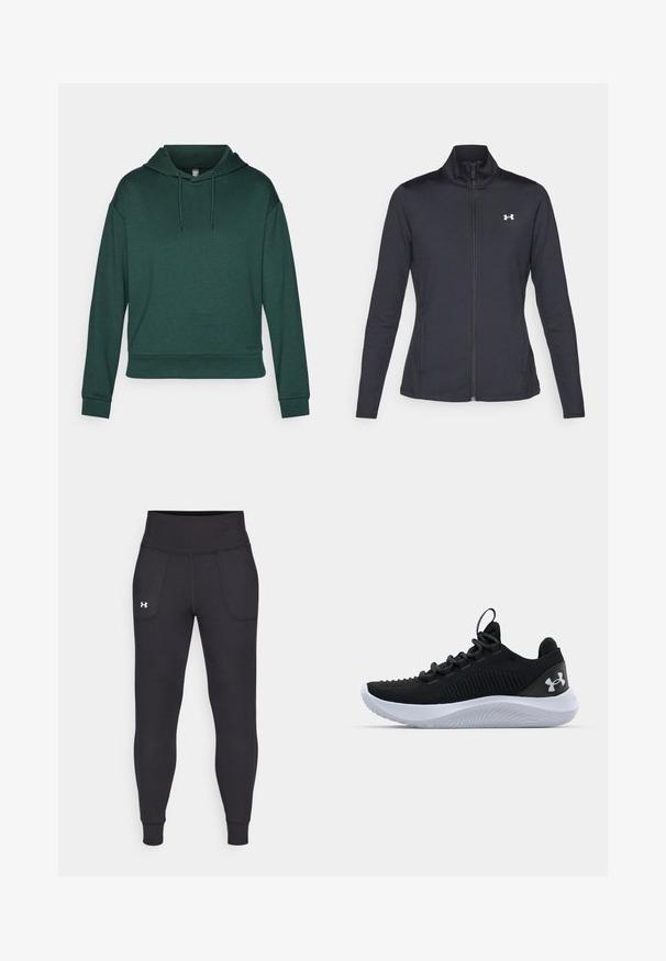 Giacca sportiva nera realizzata in tessuto morbido ed elasticizzato, con colletto alto e zip completa, caratterizzata da un piccolo logo bianco sul lato sinistro superiore.; Felpa verde realizzata in tessuto morbido, con cappuccio regolabile, maniche lunghe e vestibilità comoda. Texture liscia con polsini a costine.; Leggings atletici neri realizzati in materiale elastico, con un alto giro vita, tasche laterali e polsini aderenti alla caviglia.; Scarpe sportive nere con una tomaia in mesh traspirante, dettagli testurizzati e una suola in gomma bianca. Presentano lacci piatti e un passante sul tallone.