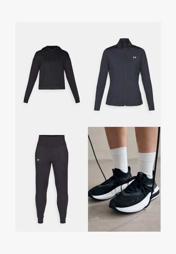 Črna atletska jakna iz gladkega, raztegljivega blaga z visokim ovratnikom in polnim zadrgo, ki ima majhen bel logotip na zgornji levi strani.; Črna kapuca s kapuco, izdelana iz mehkega materiala. Ima dolge rokave, sprednji žep in riban rob. Brez vidnih vzorcev ali kovinskih delov.; Črne atletske legice iz raztegljivega materiala, ki imajo visok pas, stranske žepke in tesne manšete pri gležnjih.; Črne športne čevlje z strukturirano tkanino, belo podplatom in črnimi vezalkami. Nosi se z belimi rebrastimi nogavicami, stoje na svetli površini.