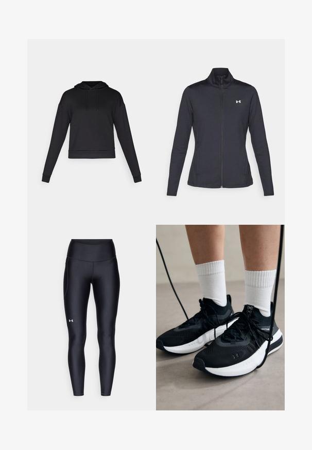 Musta urheilutakki, joka on valmistettu sileästä ja joustavasta kankaasta. Takissa on korkea kaulus ja täysipitkä vetoketju, sekä pieni valkoinen logo vasemmalla ylhäällä.; Mustat hupparit, jotka on valmistettu pehmeästä kankaasta. Ominaisuuksiin kuuluvat pitkät hihat, etutasku ja ribbaushelma. Ei näkyviä kuvioita tai metalliosia.; Mustat legginsit, jotka on valmistettu sileästä ja venyvästä materiaalista, korkealla vyötäröllä. Vasemmassa reidessä on valkoinen logo ja istuva muotoilu.; Mustat urheilukengät, joissa on teksturoitua kangasta, valkoiset pohjat ja mustat nauhat. Yhdistetty valkoisten urheilusukkien kanssa, seisten vaalealla pinnalla.