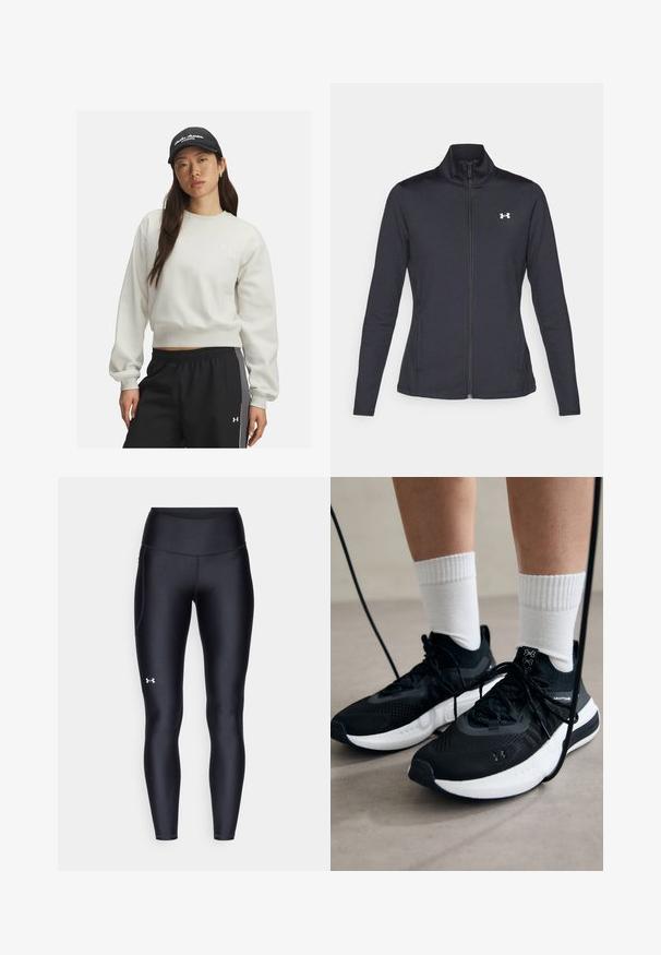 Črna atletska jakna iz gladkega, raztegljivega blaga z visokim ovratnikom in polnim zadrgo, ki ima majhen bel logotip na zgornji levi strani.; Svetlo siva trenirka z rebrastimi manšetami in robom, ki ima majhen bel logo na prsih. Ujemajoča se črna športna hlača s stranskimi črtami.; Črne pajkice iz gladkega, elastičnega materiala z visokim pasom. Imajo bel logotip na levem stegnu in oprijet kroj.; Črne športne čevlje z strukturirano tkanino, belo podplatom in črnimi vezalkami. Nosi se z belimi rebrastimi nogavicami, stoje na svetli površini.