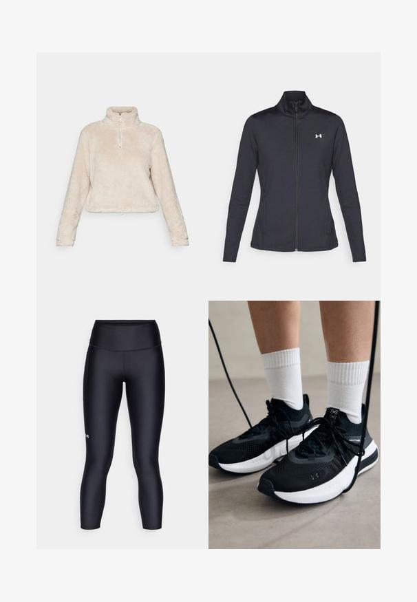 Μαύρο αθλητικό μπουφάν φτιαγμένο από λείο, ελαστικό ύφασμα με ψηλό γιακά και πλήρως φερμουάρ, με μια μικρή λευκή λογότυπο στην επάνω αριστερή πλευρά.; Φλις πούλοβερ με τετράγωνη φερμουάρ σε ανοιχτό μπεζ, με ψηλό γιακά, μακριά μανίκια και κορδόνι στο στρίφωμα. Μαλακό, υφασμάτινο υλικό.; Μαύρες κολάν από λεία, ελαστική ύλη. Υψηλή μέση με εφαρμοστό σχέδιο και μικρό λογότυπο στο αριστερό πόδι.; Μαύρα αθλητικά παπούτσια με υφασμάτινη υφή, λευκή σόλα και μαύρα κορδόνια. Φορεμένα με λευκές ριγέ κάλτσες, στέκονται σε ελαφριά επιφάνεια.