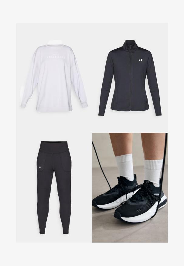 Črna atletska jakna iz gladkega, raztegljivega blaga z visokim ovratnikom in polnim zadrgo, ki ima majhen bel logotip na zgornji levi strani.; Bela oversize majica s dolgimi rokavi, okrogel ovratnik in natisnjeno besedilo "ATHLEISURE" v subtilni sivi barvi čez prsa. Mehak tekstil.; Črne atletske legice iz raztegljivega materiala, ki imajo visok pas, stranske žepke in tesne manšete pri gležnjih.; Črne športne čevlje z strukturirano tkanino, belo podplatom in črnimi vezalkami. Nosi se z belimi rebrastimi nogavicami, stoje na svetli površini.