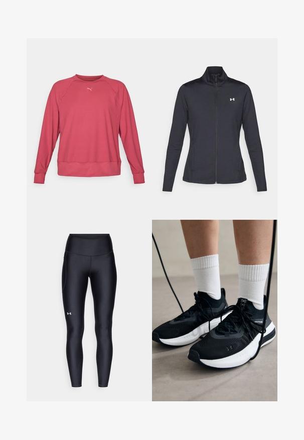 Giacca sportiva nera realizzata in tessuto morbido ed elasticizzato, con colletto alto e zip completa, caratterizzata da un piccolo logo bianco sul lato sinistro superiore.; Felpa rosa a maniche lunghe con colletto rotondo, polsini e orlo a coste, realizzata in tessuto morbido; presenta un piccolo logo sul petto.; Leggings neri realizzati in materiale morbido e stretch con vita alta. Presentano un logo bianco sulla coscia sinistra e un design aderente.; Scarpe sportive nere con tessuto testurizzato, suola bianca e lacci neri. Indossate con calzini bianchi a costine, in piedi su una superficie chiara.