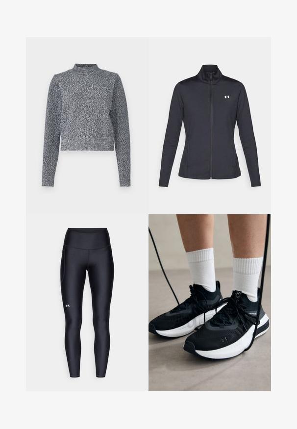 Schwarze Sportjacke aus glattem, dehnbarem Stoff mit hohem Kragen und durchgehendem Reißverschluss, ausgestattet mit einem kleinen weißen Logo auf der oberen linken Seite.; Marineblauer und weißer Strickpullover mit hohem Kragen, langen Ärmeln und verkürzter Passform; zeichnet sich durch ein strukturiertes, gepunktetes Design aus.; Schwarze Leggings aus glattem, elastischem Material mit einem hohen Bund. Mit einem weißen Logo auf dem linken Oberschenkel und tailliertem Design.; Schwarze Sportschuhe aus strukturiertem Stoff, mit weißer Sohle und schwarzen Schnürsenkeln. Tragen mit weißen gerippten Socken, stehen auf einer hellen Fläche.