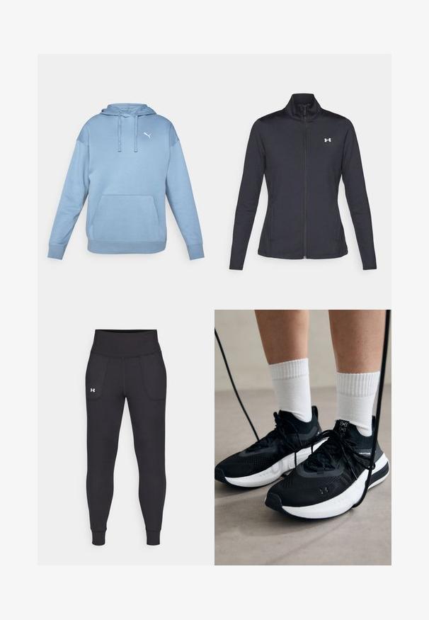 Jachetă sport neagră realizată dintr-un material neted și elastic, cu guler înalt și fermoar complet, având un mic logo alb în colțul din stânga sus.; Hanorac bleu deschis dintr-un material moale, dotat cu un buzunar frontal tip kangaroo, glugă cu șnur și un mic logo alb pe piept.; Leggings negre atletice realizate dintr-un material elastic, cu talie înaltă, buzunare pe lateral și manșete ajustate la gleznă.; Căști atletice negre cu țesătură texturată, talpă albă și șireturi negre. Purtați cu șosete albe cu riflaje, stând pe o suprafață deschisă.