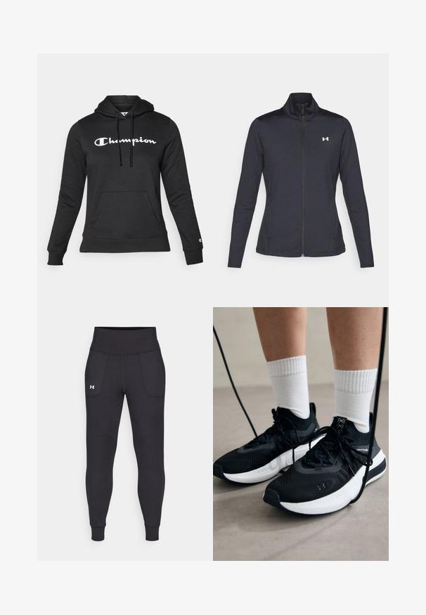 Sort atletisk jakke lavet af glat, strækbart stof med høj krave og fuld lynlås, der har et lille hvidt logo på den øverste venstre side.; Sort hoodie lavet af blødt stof med en frontlomme, snore og et fremtrædende hvidt "Champion"-logo på brystet.; Sorte atletiske leggings lavet af strækbart materiale, med høj talje, sidelommer og tætsiddende manchetter ved anklerne.; Sorte sportssko med tekstureret stof, hvid sål og sorte snørebånd. Båret med hvide ribbede sokker, stående på en lys overflade.