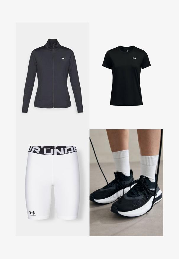 Crna atletska jakna napravljena od glatkog, rastezljivog materijala s visokim kragnom i punim patentnim zatvaračem, s malim bijelim logotipom na gornjoj lijevoj strani.; Crna kratka majica s kratkim rukavima od glatke, lagane tkanine. Ima okrugli izrez i mali bijeli logo na lijevoj strani prsnog koša.; Under Armour AUTHENTICS SHORT - Tajice - white/black; Crne atletske cipele s teksturiranim materijalom, bijelim potplatima i crnim vezicama. Nosene s bijelim rebrastim čarapama, stojeći na svijetloj površini.