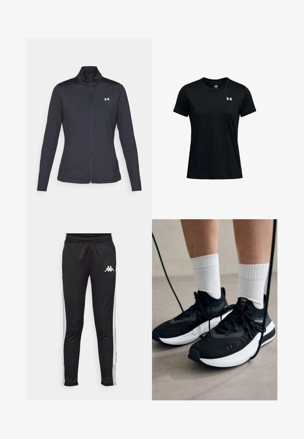Svart treningsjakke laget av glatt, elastisk stoff med høy krage og hel glidelås, med en liten hvit logo på øvre venstre side.; Svart kortermet t-skjorte laget av glatt, lett stoff. Har rund hals og en liten hvit logo på venstre bryst.; Sorte treningsbukser med hvite sidestiper, elastisk midje og en liten hvit logo på venstre hofte. Glatt tekstur, tettsittende design.; Svarte treningssko med teksturert stoff, hvit såle og svarte snøringer. Brukt med hvite ribbestrikkede sokker, stående på en lys overflate.