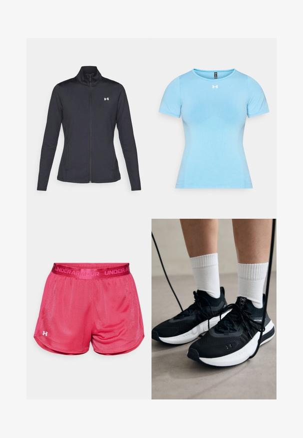 Svart treningsjakke laget av glatt, elastisk stoff med høy krage og hel glidelås, med en liten hvit logo på øvre venstre side.; Lys blå kortermet treningsskjorte laget av pustende stoff med en tettsittende design og subtilt tekstmønster, med en logo på brystet.; Rosa idrettsshorts laget av lett mesh-stoff, med en glatt midje med "UNDER ARMOUR" merke og en liten logo på sømmen.; Svarte treningssko med teksturert stoff, hvit såle og svarte snøringer. Brukt med hvite ribbestrikkede sokker, stående på en lys overflate.
