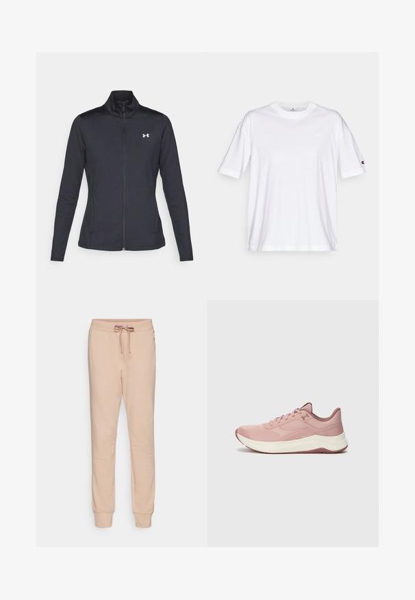 Melnās sporta jakas izgatavotas no gludas, elastīgas auduma ar augstu apkakli un pilnu rāvējslēdzēju, ar nelielu baltu logo augšējā kreisajā pusē.; Balts kokvilnas T-krekls ar apaļu kakla izgriezumu, īsām piedurknēm un mazu logo kreisajā krūtī. Iezīmējas ar brīvu piegriezumu un viendabīgu krāsu.; Bežīgas sporta bikses, kas izgatavotas no mīkstas, elastīgas auduma. Tām ir aukla jostā, cieši pieguļošas piedurknes un gluda tekstūra bez rakstiem vai akcentiem.; Gaiši rozā sporta apavi ar sietu augšdaļu, mīkstu apkakli un baltu vidusdaļu. Iezīmējas ar strukturētām rakstu līnijām un gumijas zoli ar saķeri.