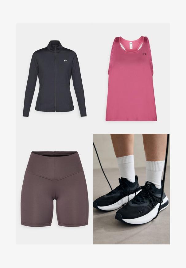 Črna atletska jakna iz gladkega, raztegljivega blaga z visokim ovratnikom in polnim zadrgo, ki ima majhen bel logotip na zgornji levi strani.; Roza brezrokavnik za šport z gladko teksturo, z okroglim izrezom, dizajnom z odprtimi hrbtnimi trakovi in logotipom blagovne znamke na sprednji levi strani.; Visoko pasne, oprijete kratke hlače iz mehke, elastične tkanine v zmerno rjavi barvi. Imajo ravne šive in stranske žepe.; Črne športne čevlje z strukturirano tkanino, belo podplatom in črnimi vezalkami. Nosi se z belimi rebrastimi nogavicami, stoje na svetli površini.