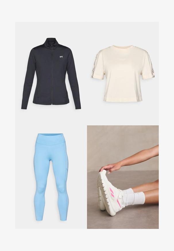 Jachetă sport neagră realizată dintr-un material neted și elastic, cu guler înalt și fermoar complet, având un mic logo alb în colțul din stânga sus.; Cămașă cu mânecă scurtă de culoare crem, fabricată din bumbac, având un guler rotund și detalii decorative negre pe mâneci.; Leggings de culoare albastru deschis, realizate dintr-un material elastic. Prezintă un talie înaltă, o textură netedă și cusături curbe pe lângă picioare.; Pantofi sport albi cu un toc texturat și accente roz, asortați cu șosete albe. O mână atinge delicat vârful pantofului.