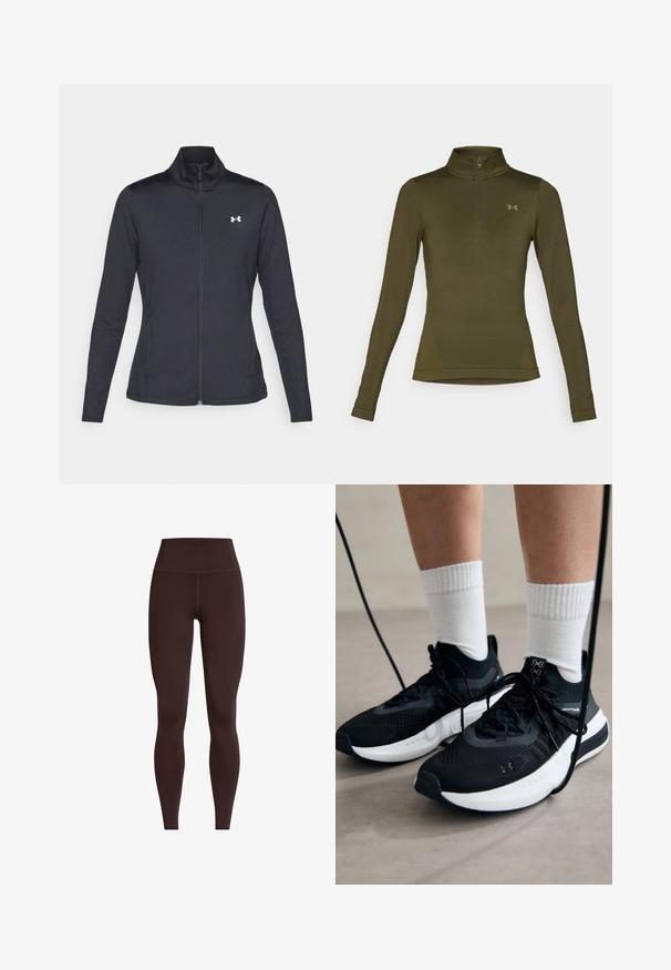 Črna atletska jakna iz gladkega, raztegljivega blaga z visokim ovratnikom in polnim zadrgo, ki ima majhen bel logotip na zgornji levi strani.; Under Armour VANISH SEAMLESS 1/4 ZIP - Majica z dolgimi rokavi - expedition green/canteen green; Rjave hlače z visokim pasom, izdelane iz gladkega in raztegljivega materiala; imajo ravne šive in prilegajočo se zasnovo za udobje in oporo.; Črne športne čevlje z strukturirano tkanino, belo podplatom in črnimi vezalkami. Nosi se z belimi rebrastimi nogavicami, stoje na svetli površini.