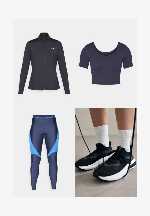 Casaco atlético preto feito de um tecido liso e elástico, com gola alta e zíper completo, apresentando um pequeno logótipo branco no canto superior esquerdo.; Top cropped azul-marinho com mangas curtas, feito de tecido canelado. Apresenta um decote arredondado e um design ajustado.; Leggings azul marinho com detalhes em azul claro, feitos de um tecido liso e elástico. Apresentam uma faixa larga na cintura com o logótipo da marca em azul.; Sapatilhas desportivas pretas com tecido texturizado, sola branca e atacadores pretos. Usadas com meias brancas caneladas, a pé sobre uma superfície clara.