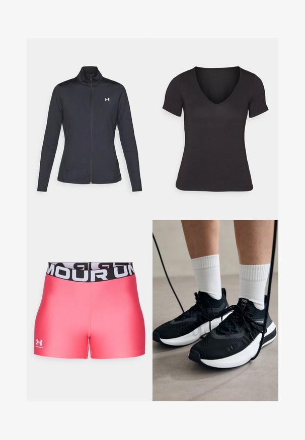 Juodas sportinis švarkas, pagamintas iš lygios, elastingos medžiagos, su aukštu apykakle ir pilnu užtrauktuku, su maža balta logo kairiajame viršutiniame kampe.; Juoda trumpa palaidinė su V iškirpte, pagaminta iš lygaus audinio, su aptempusia siluetu ir švaria, be siūlių apatine dalimi.; Rožinės sportinės šortai su juodu juosmeniu, ant kurio užrašyta "UNDER ARMOUR" baltais rašmenimis. Lygus paviršius, prigludusi konstrukcija ir aukštis iki vidurio šlaunies.; Juodi sportiniai batai su tekstūruotu audiniu, balta padu ir juodais raiščiais. Dėvimi su baltais raištiniais kojiniais, stovint lengvame paviršiuje.