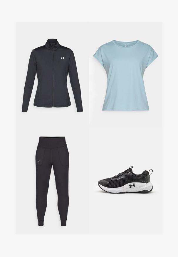 Veste de sport noire en tissu lisse et extensible avec un col montant et une fermeture éclair intégrale, arborant un petit logo blanc sur le côté supérieur gauche.; T-shirt à manches courtes bleu clair fabriqué en tissu doux. Il présente un col rond, une coupe décontractée et des ourlets cousus. Aucun motif ni embellissement.; Leggings de sport noirs en matière extensible, avec une taille haute, des poches latérales et des poignets ajustés au niveau des chevilles.; Chaussure de sport noire avec une tige en maille respirante, accents blancs et une semelle en caoutchouc texturée avec un logo sur le côté.