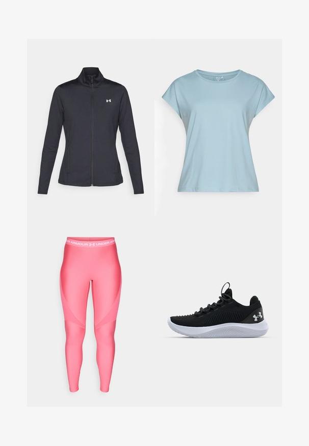 Casaco atlético preto feito de um tecido liso e elástico, com gola alta e zíper completo, apresentando um pequeno logótipo branco no canto superior esquerdo.; T-shirt de manga curta azul claro, feito de tecido macio. Apresenta um decote redondo, corte descontraído e costuras nos acabamentos. Sem padrões nem adornos.; Leggings desportivos cor-de-rosa com uma textura suave, apresentando uma cintura elástica branca com o logótipo "Under Armour" e detalhes de design angulares.; Sapatos desportivos pretos com um upper em malha respirável, detalhes texturizados e uma sola de borracha branca. Apresenta atacadores planos e uma alça no calcanhar.