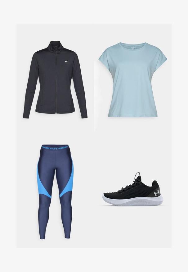 Czarna sportowa kurtka z gładkiego, elastycznego materiału, z wysokim kołnierzem i pełnym zamkiem, z małym białym logo na górnej lewej stronie.; Jasnoniebieska koszulka z krótkim rękawem, wykonana z miękkiego materiału. Posiada okrągły dekolt, luźny fason i podszyte brzegi. Bez wzorów ani ozdób.; Granatowe legginsy z jasnoniebieskimi akcentami, wykonane z gładkiego, elastycznego materiału. Posiadają szeroki pas z logotypem marki w kolorze niebieskim.; Czarne buty sportowe z przewiewną siateczką na górze, teksturowanymi detalami i białą gumową podeszwą. Posiadają płaskie sznurówki i uchwyt na pięcie.