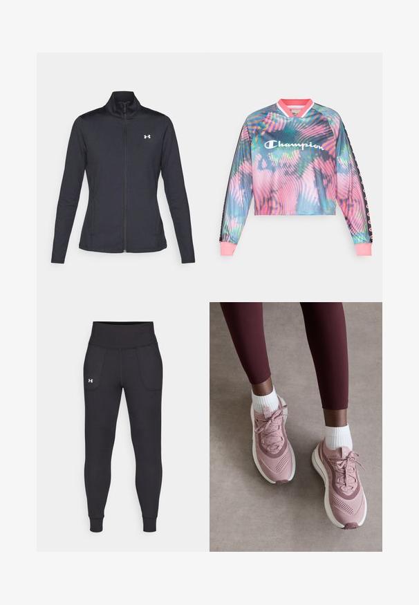 Svart treningsjakke laget av glatt, elastisk stoff med høy krage og hel glidelås, med en liten hvit logo på øvre venstre side.; Champion SPORT HERITAGE LONG SLEEVES V NECK - Topper langermet - multi-coloured; Svarte sportsleggings laget av elastisk materiale, med høy midje, sidelommer og tettsittende mansjetter ved ankelen.; Lys rosa treningssko med teksturert mesh-overdel, snøring og hvit såle. Brukt med hvite ankelsokker, kombinert med burgunder tights.