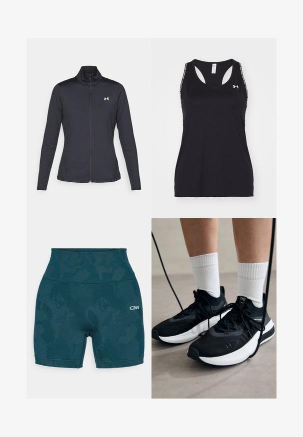 Chaqueta deportiva negra hecha de una tela suave y elástica, con cuello alto y cremallera completa, que presenta un pequeño logo blanco en la parte superior izquierda.; Top atlético negro sin mangas con escote redondeado y diseño de espalda nadadora. Presenta un logotipo y tirantes con patrón. Fabricado en material ligero y transpirable.; Pantalones cortos de ciclismo de talle alto en color teal, confeccionados en una tela elástica, con un patrón sutil y un pequeño logo blanco en el lado izquierdo.; Zapatillas deportivas negras con tela texturizada, suela blanca y cordones negros. Llevadas con calcetines blancos de canalé, de pie sobre una superficie clara.