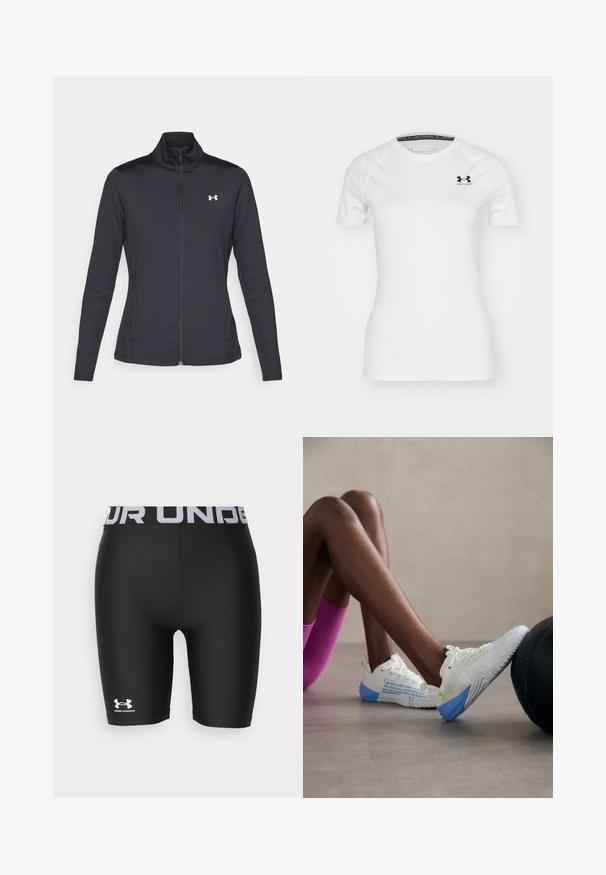 Black athletic jacket made of smooth, stretchy fabric with a high collar and full zipper, featuring a small white logo on the upper left side.; White short-sleeve athletic t-shirt made of smooth fabric, featuring a black Under Armour logo on the upper left chest and a round neckline.; Black athletic shorts with a fitted design, made of smooth material. Features a wide elastic waistband with "UNDER ARMOUR" text and logo.; White athletic shoes feature a mesh design with green accents and a blue sole, highlighting a textured pattern on the side.