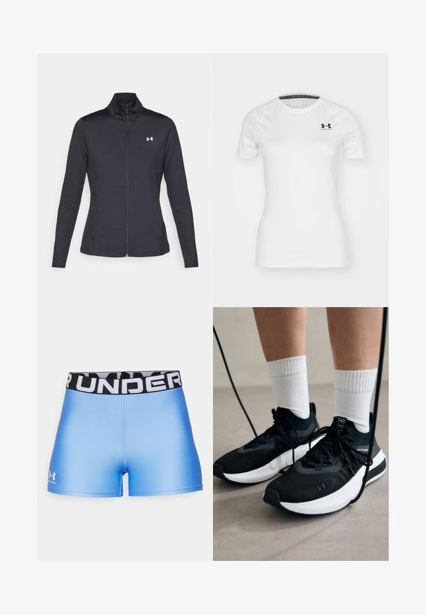 Zwarte sportjack gemaakt van glad, rekbaar materiaal met een hoge kraag en een volledige ritssluiting, met een klein wit logo op de bovenste linkerkant.; Witte sportieve t-shirt met korte mouwen van gladde stof, met een zwart Under Armour-logo op de bovenste linker borst en een ronde halslijn.; Under Armour HEATGEAR SHORTY - Tights - horizon blue/white; Zwarte sportschoenen van gestructureerde stof, met een witte zool en zwarte veters. Draag ze met witte geribde sokken, staand op een lichte ondergrond.