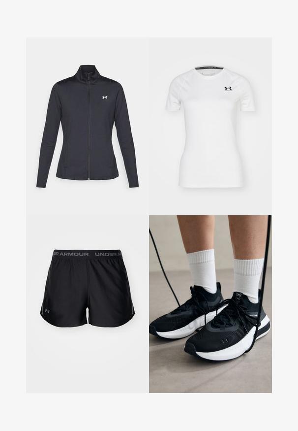 Fekete sportos dzseki sima, rugalmas anyagból, magas gallérral és teljes cipzárral, az elülső bal oldalon egy kis fehér logóval.; Fehér, rövid ujjú sportpóló, sima anyagból készült, fekete Under Armour logóval a bal felső mellrészen és kerek nyakkivágással.; Fekete sportnadrág széles rugalmas derékkal, amelyen szürke "UNDER ARMOUR" logó található. Puha, könnyű anyag, oldalsó rések a mozgékonyság érdekében.; Fekete sportcipők textúrált anyagból, fehér talppal és fekete fűzőkkel. Fehér bordázott zoknikkal viselve, világos felületen állva.