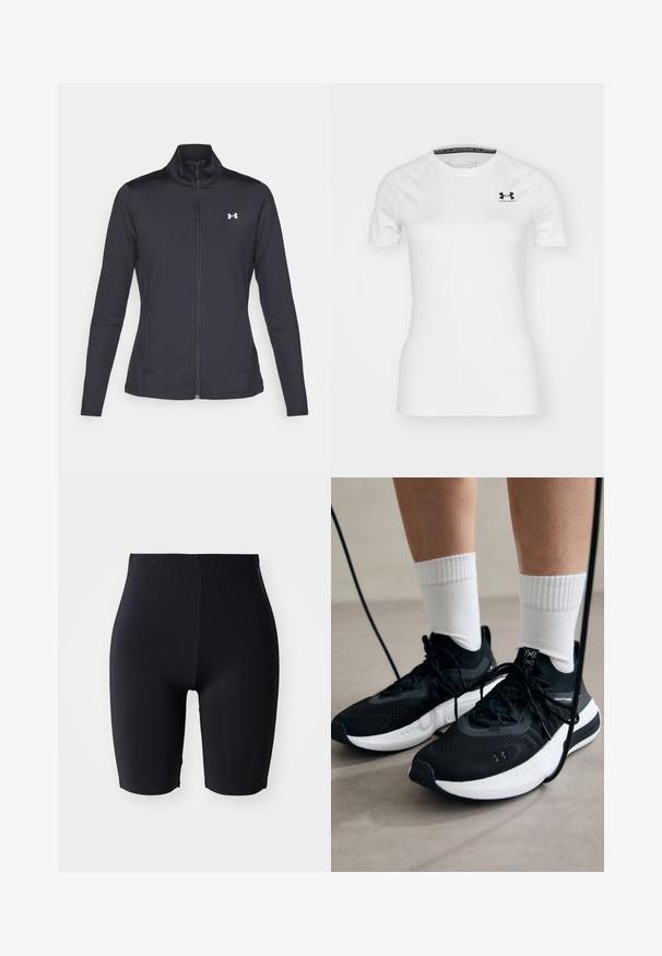 Crna atletska jakna napravljena od glatkog, rastezljivog materijala s visokim kragnom i punim patentnim zatvaračem, s malim bijelim logotipom na gornjoj lijevoj strani.; Bijela sportska majica kratkih rukava od glatkog materijala, s crnim logom Under Armour na gornjem lijevom dijelu prsiju i okruglim izrezom.; Crne prilagođene kratke hlače izrađene od glatkog, rastezljivog materijala. Imaju visoki pojas i elegantan, minimalistički dizajn bez vidljivih kopči.; Crne atletske cipele s teksturiranim materijalom, bijelim potplatima i crnim vezicama. Nosene s bijelim rebrastim čarapama, stojeći na svijetloj površini.