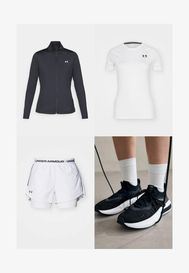 Zwarte sportjack gemaakt van glad, rekbaar materiaal met een hoge kraag en een volledige ritssluiting, met een klein wit logo op de bovenste linkerkant.; Witte sportieve t-shirt met korte mouwen van gladde stof, met een zwart Under Armour-logo op de bovenste linker borst en een ronde halslijn.; Witte sportshorts met een zwart Under Armour-logo op de tailleband. Kenmerkt zich door een gelaagd ontwerp met een binnenvoering en zijInsets voor meer bewegingsvrijheid.; Zwarte sportschoenen van gestructureerde stof, met een witte zool en zwarte veters. Draag ze met witte geribde sokken, staand op een lichte ondergrond.